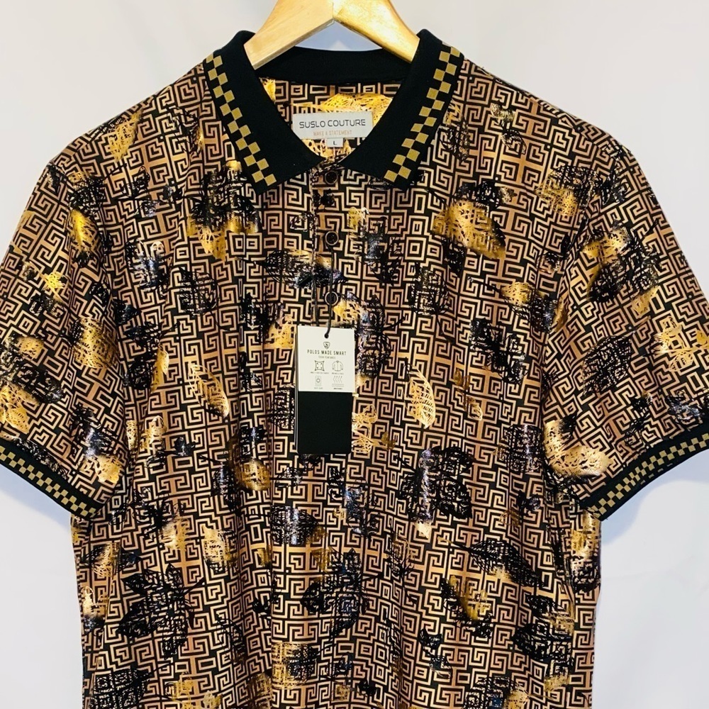 NWT Suslo Couture Gold & Black Luxury Printed Shortsleeve Polo Size Large - Picture 9 of 9